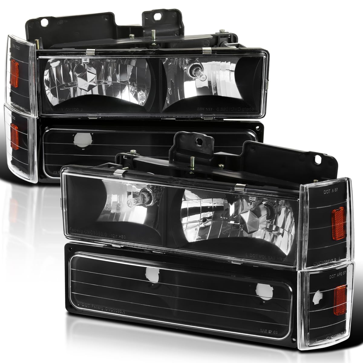 Black Headlights + Bumper Lights + Corner Lights SPEC-D TUNING Compatible with 1988-1993 Chevy C10 Pickup C/K 1500 2500 3500 Silverado Sierra, Left + Right Pair Headlamps Assembly