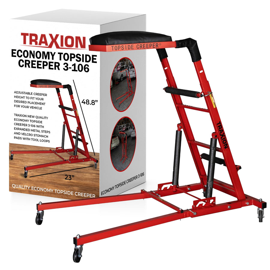 Traxion Quality Economy New Topside Creeper 3-106 with expanded Metal Steps and Velcro Stomach Pads with Tool Loops