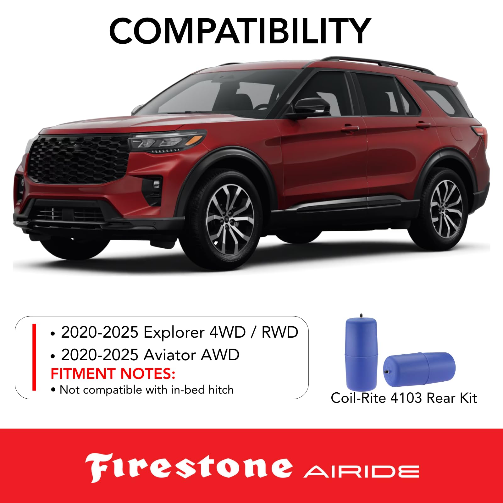Firestone 4103 Airide Coil-Rite Rear Springs Kit fits 2020-2025 Explorer and Aviator AWD | 5-35 PSI | No Drill Installation | Load Capacity of 1,000 Pounds