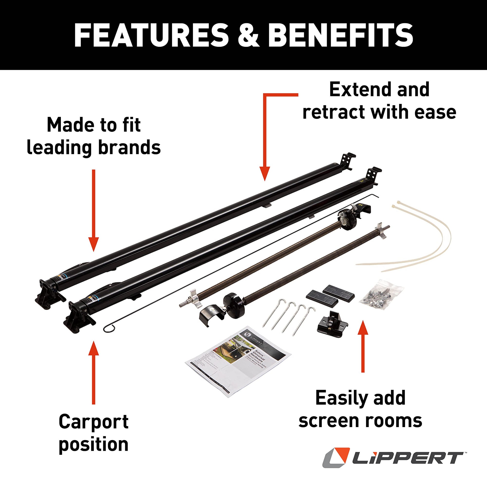 Solera Universal Classic RV Awning Arms & Hardware Kit - 63"-68" Short, Black
