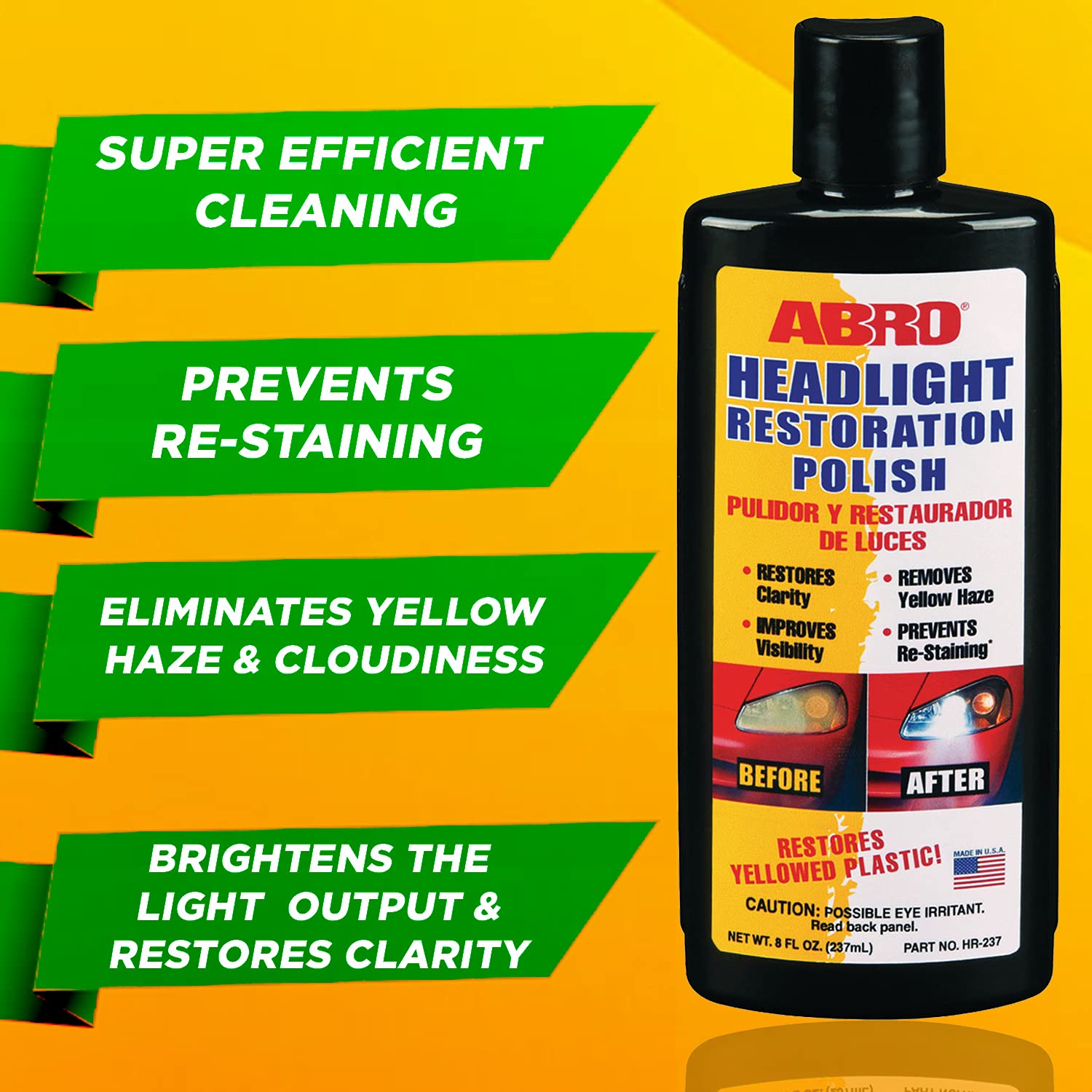 ABRO Headlight Restoration Polish, Crystal-Clear Brilliance, 8oz., Enhanced Visibility & Yellow Haze Elimination for Headlights and Taillights