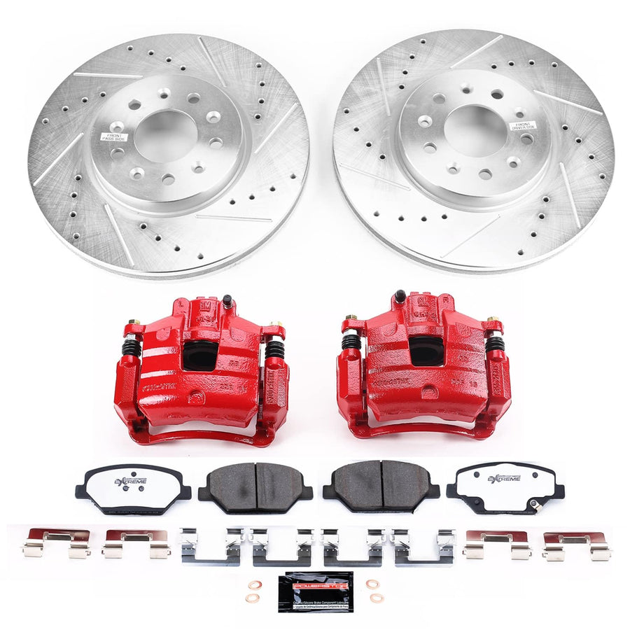 POWERSTOP Z26 Street Warrior Brake Pads and Rotors Kit Front with Red Powder Coated Calipers For Buick Regal TourX 2018-2020 [Vehicle Specific]