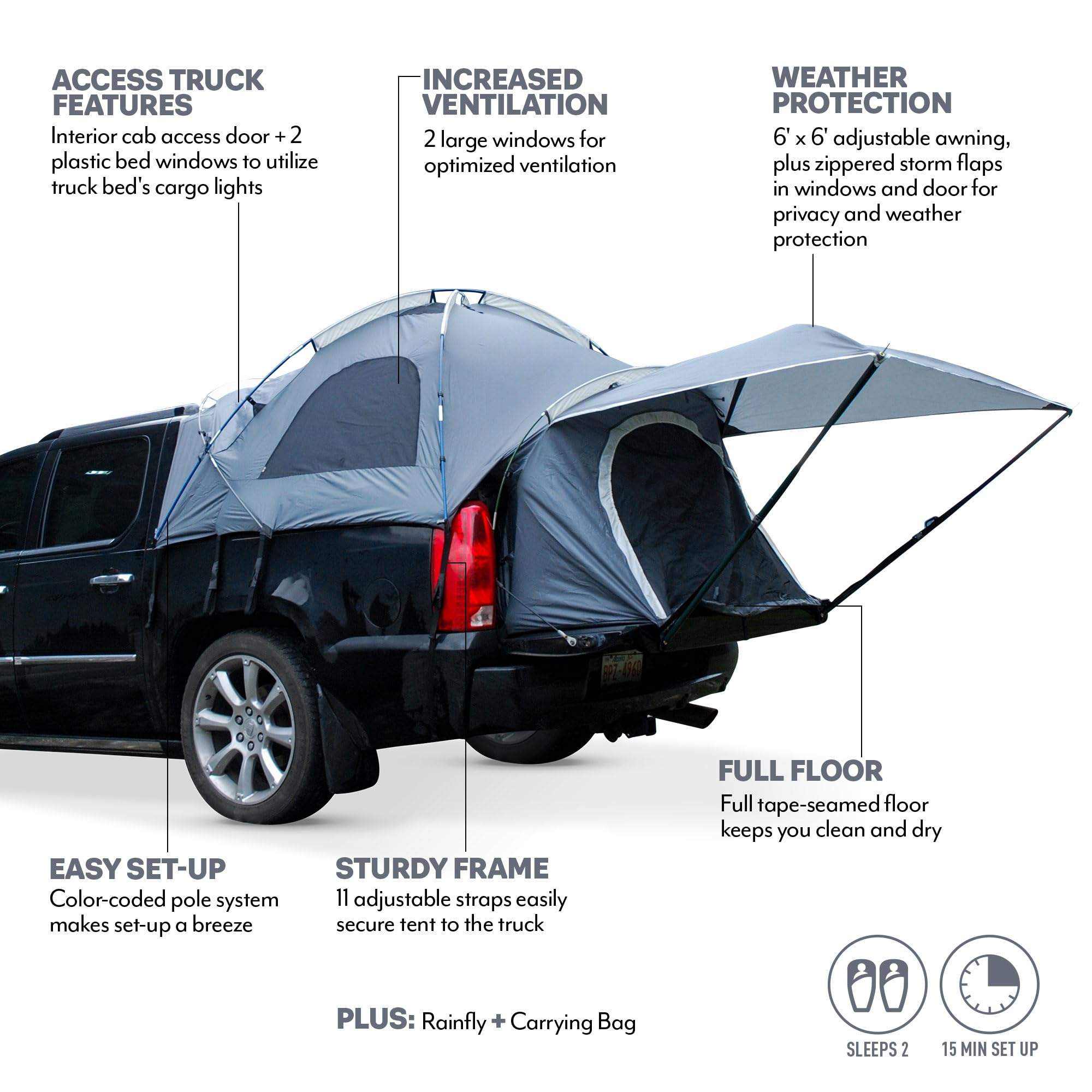 Chevy Avalanche Napier Truck Tent | Pickup Truck Bed Camping Tent | Full Rainfly for Water Protection | Sturdy and Spacious 2-Person Truck Tent | Easy 15 Minute Setup | Grey | Model 99949