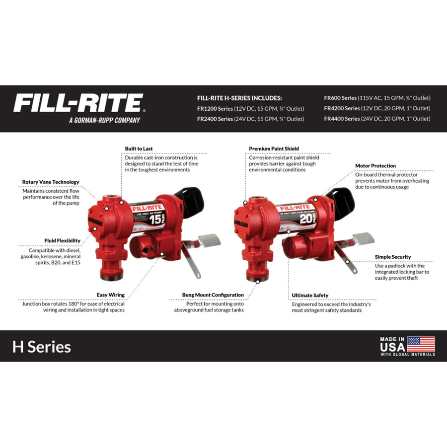Fill-Rite 115V FR610HA Fuel Transfer Pump w/Discharge Hose & Automatic Nozzle (Red) | Gasoline, Diesel, Kerosene, Ethanol & Methanol Blends & Biodiesel