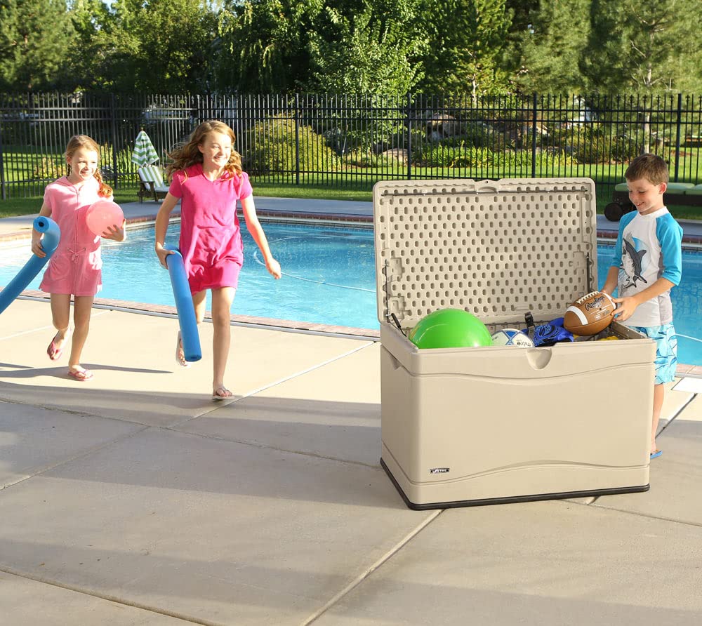 LIFETIME 60059 Desert (Tan) Sides and Lid Black Bottom Outdoor Storage Box-80 Gal, 80 Gallon, Desert Sand