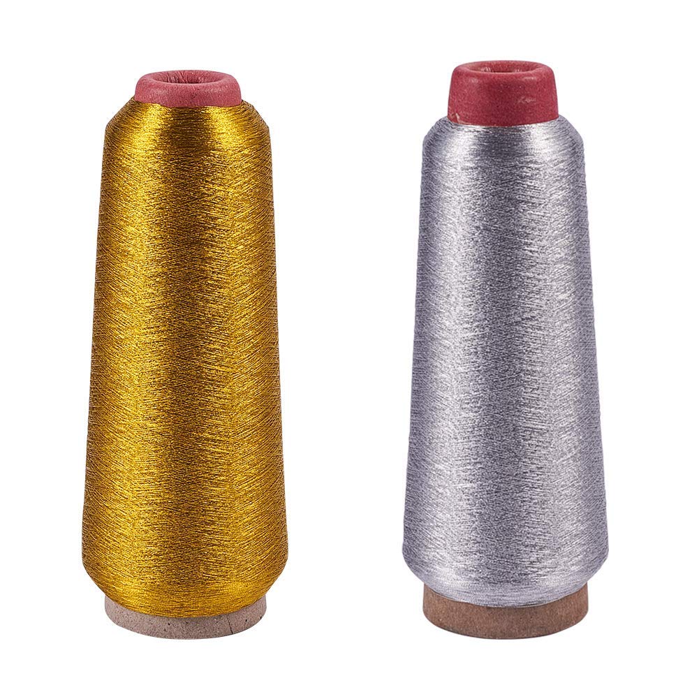 2 Spools JEWELEADER 6500 Yards Gold Silver Machine Embroidery Threads Polyester Sewing Thread Cross Stitch Floss for Making Handicraft Tassel Quilting Clothing Home Textile Decoration 3280 Yards/Spool