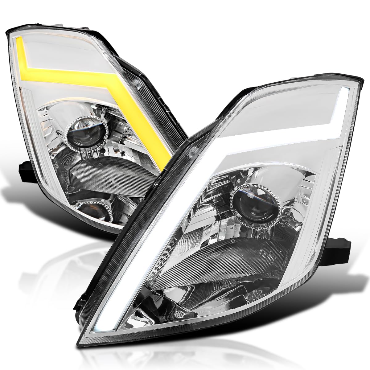 Sequential Switchback Projector Headlights SPEC-D TUNING w/LED Strip and Startup Animation Compatible with 2003-2005 Nissan 350Z, Left + Right Pair Headlamp Assembly
