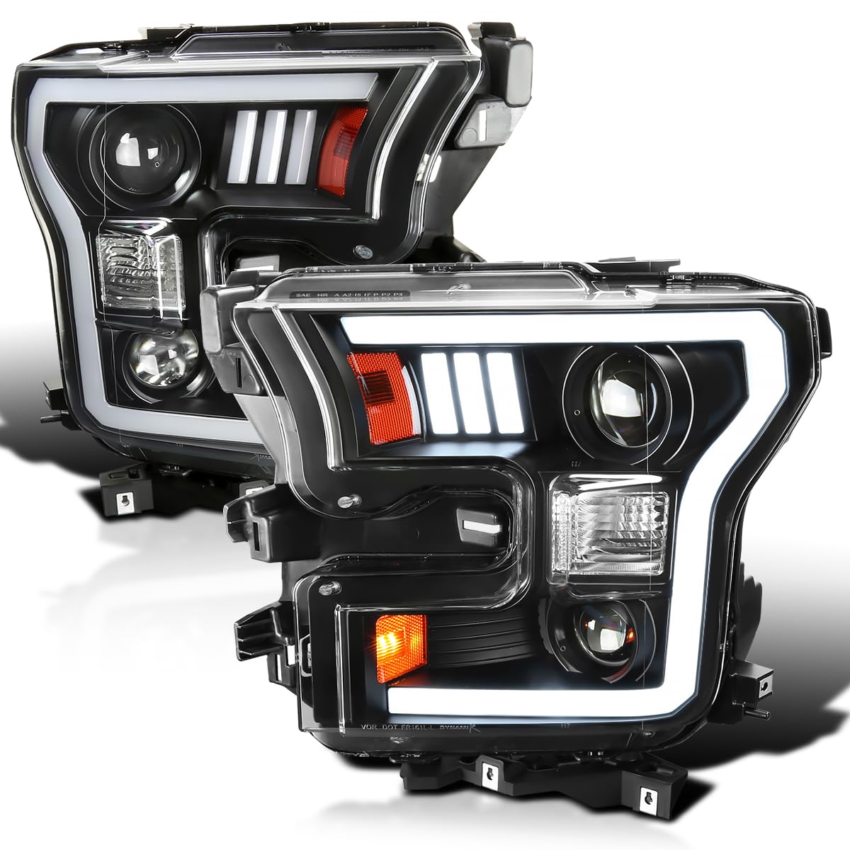 Black Projector Headlights w/LED Light Bar SPEC-D TUNING Compatible with 2015-2017 Ford F-150, Left + Right Pair Headlamps Assembly