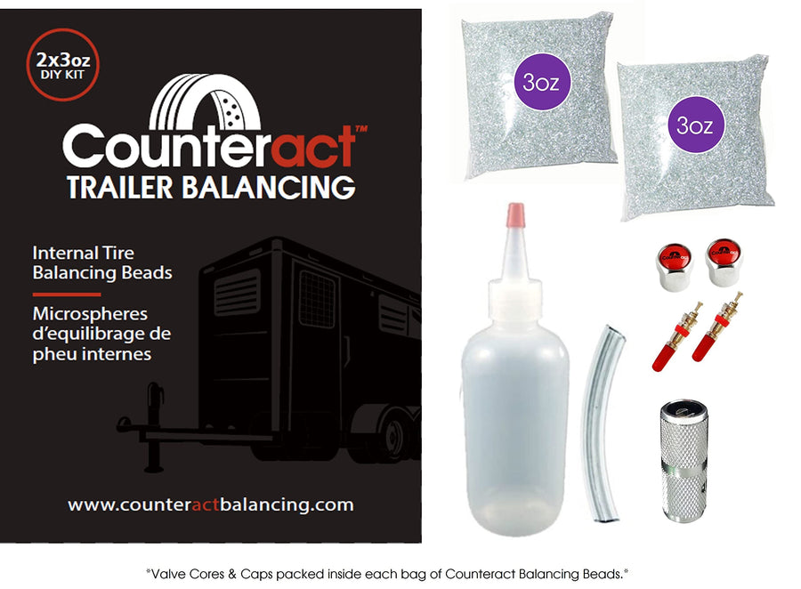 DIYTK3-2 Counteract Tire/Wheel Balancing Beads Kit – for All Trailers, Includes (2) 3oz Bead Bags, (2) Valve Caps & Cores, (1) Core Remover, & Injector Bottle