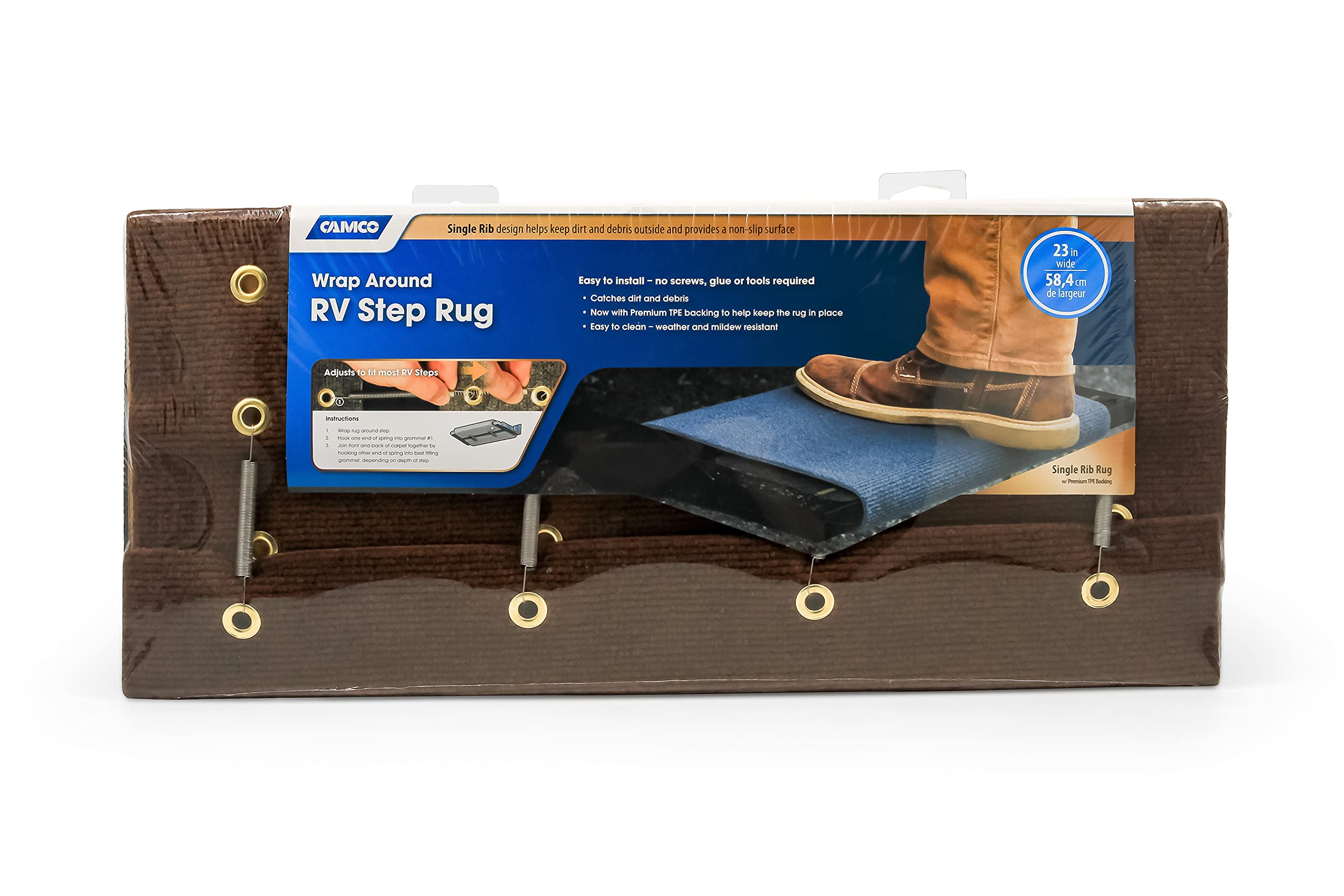 Camco Single Rib Premium Wrap Around Camper/RV Step Rug - Compatible w/Manual or Electric RV Steps - Features Adjustable Design & Fits 23-Inch Wide Steps - Brown (42911)
