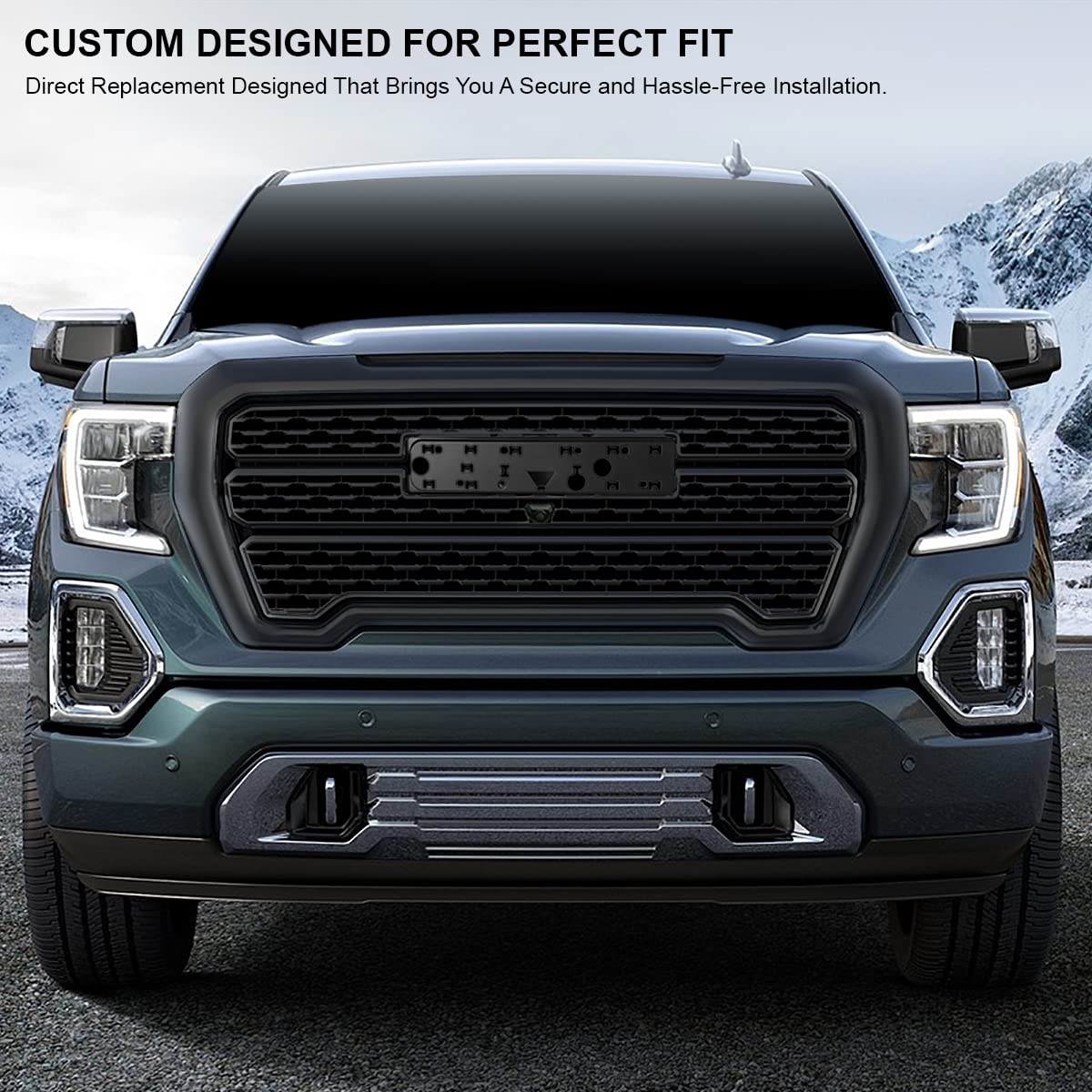 Denali Style Spec-D Tuning Matte Black Front Bumper Hood Upper Grill Grille Compatible with 2019-2021 GMC Sierra 1500