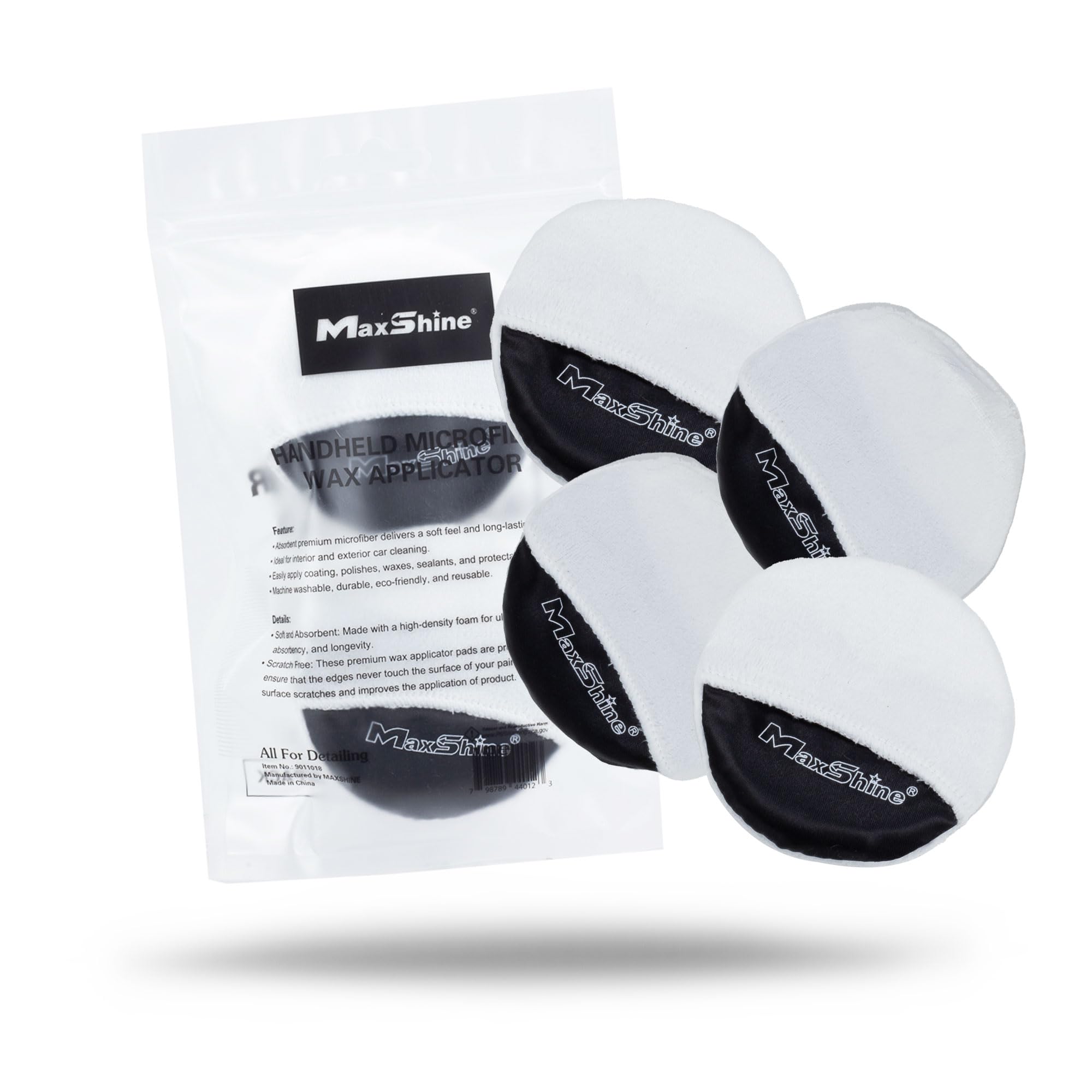 Maxshine Microfiber Handheld Wax Applicator Pad | White+Black, 3.35" Diameter, Ultra-Soft, Scratch-Free | Versatile Detailing for Wax, Polish, Protectant, Streak-Free Finish