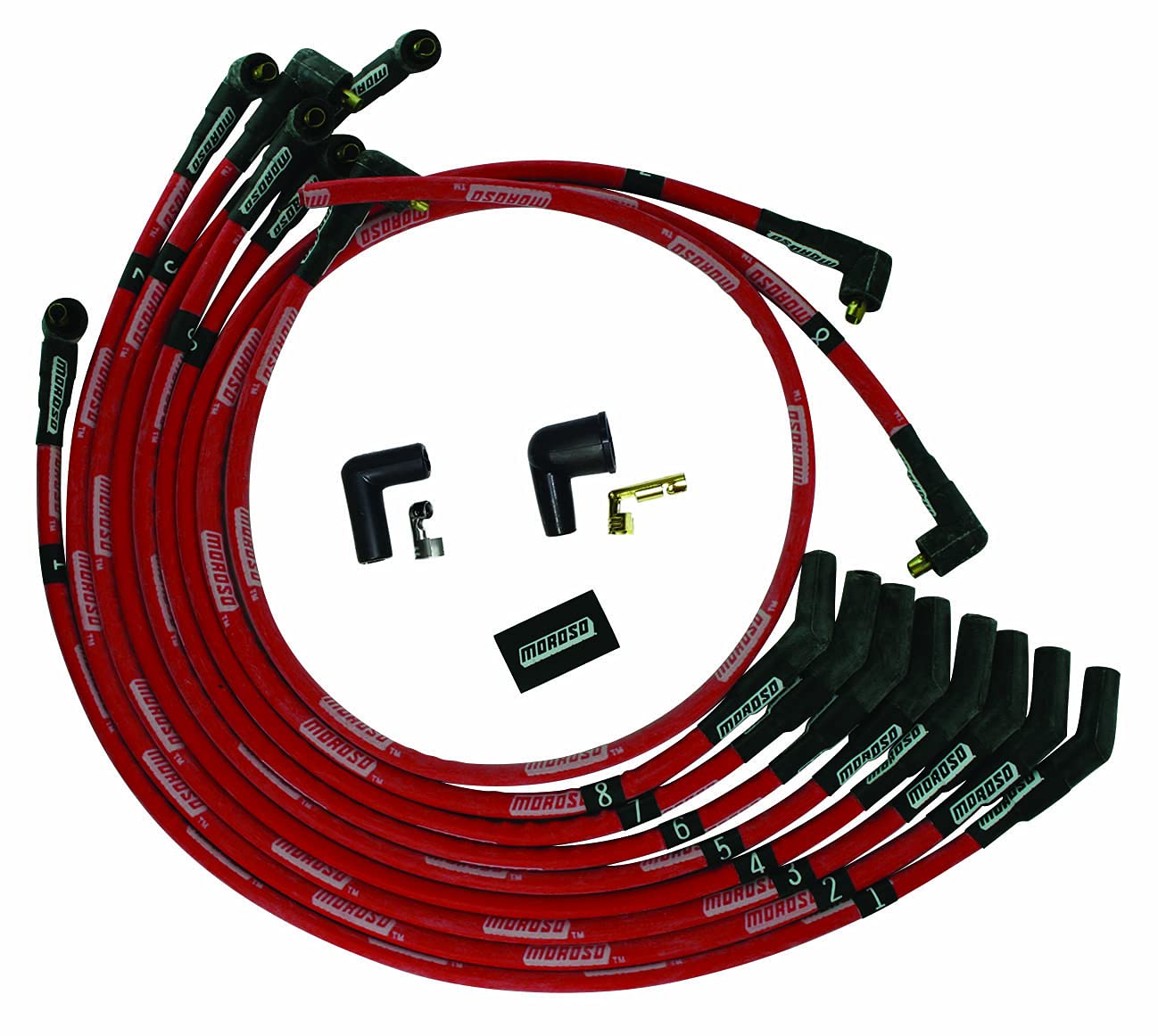Moroso Ultra Series Red Sleeved Spark Plug Wires, Ford 351W, Non HEI Distributor, 135 Degree Plug Ends