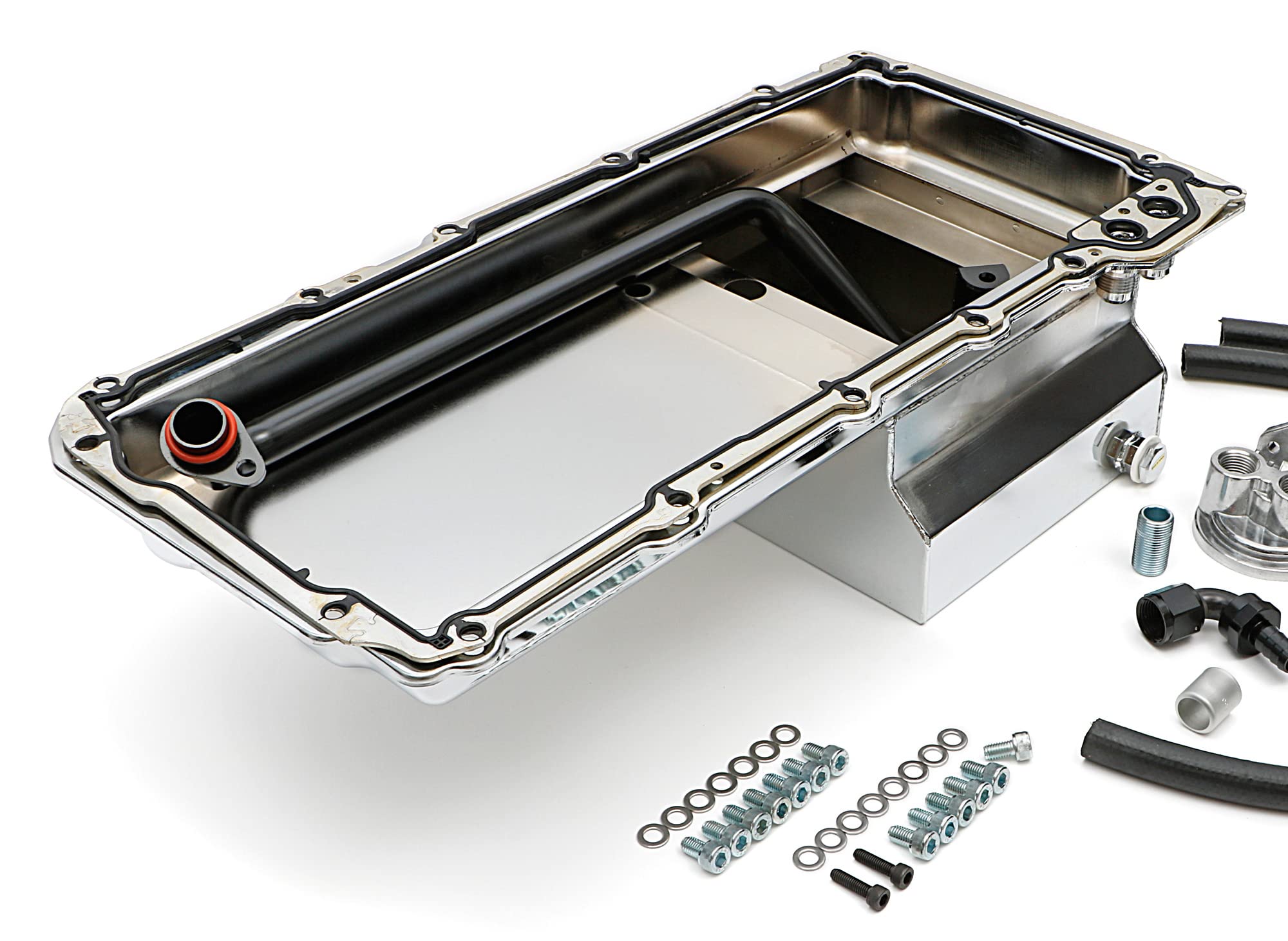 LS SWAP OIL PAN/FILTER RELOCATION KIT; TRANS-DAPT PERFORMANCE; SINGLE FILTER; VERTICAL PORT; CHROME PAN (0183)