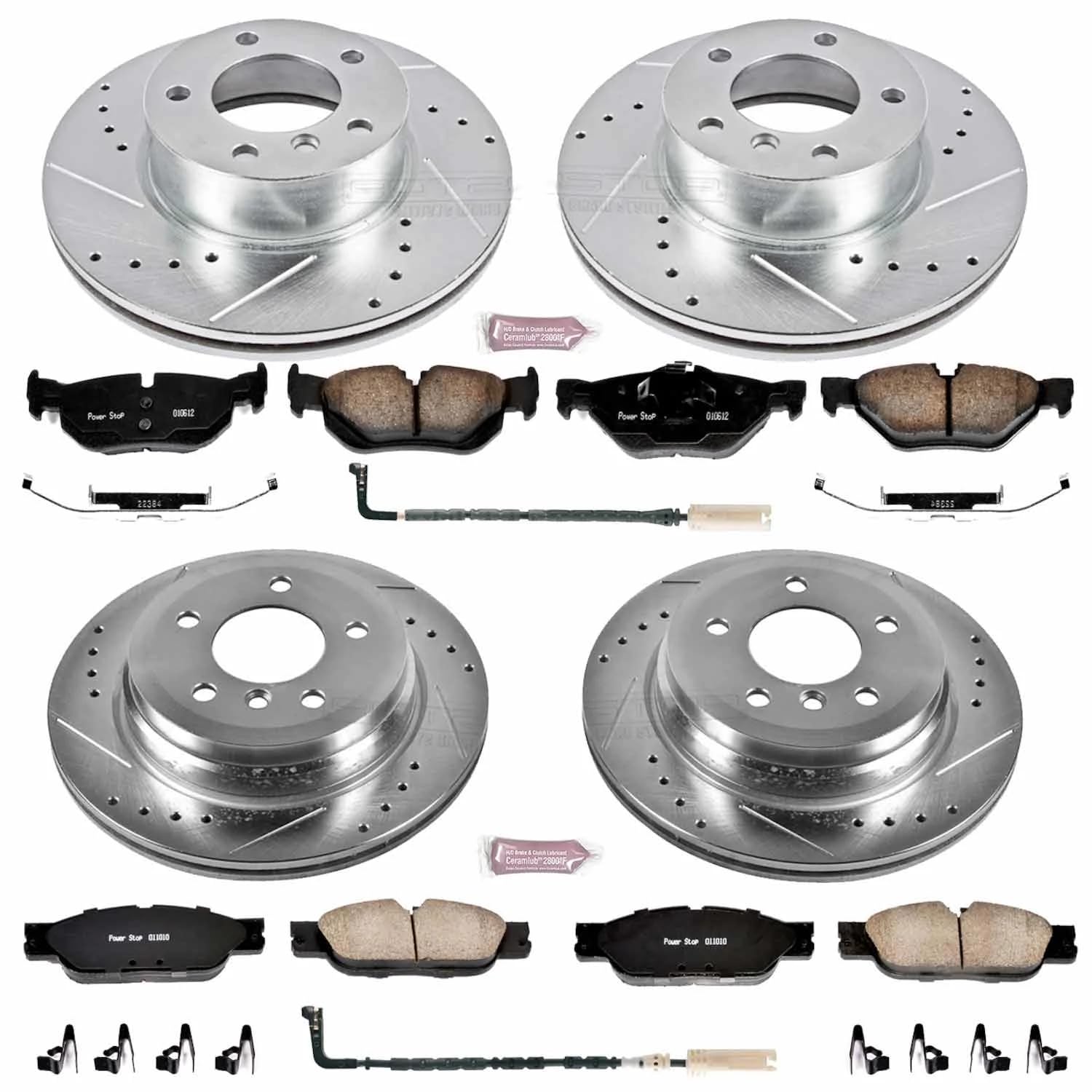 Power Stop K4102 Z23 Carbon Fiber Brake Pads Front and Rear with Drilled & Slotted Brake Rotors Kit and 1 Front & 1 Rear Sensor Wires For BMW 328xi 2007 [Model Specific]