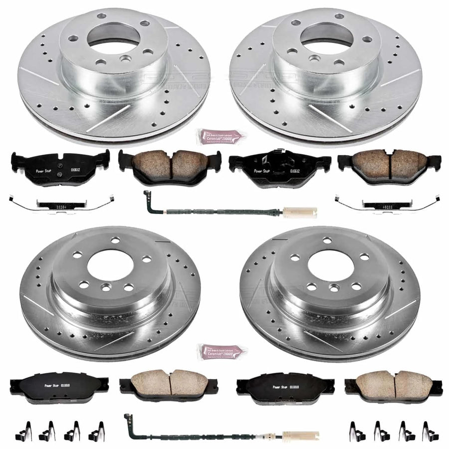 Power Stop K4102 Z23 Carbon Fiber Brake Pads Front and Rear with Drilled & Slotted Brake Rotors Kit and 1 Front & 1 Rear Sensor Wires For BMW 328xi 2007 [Model Specific]