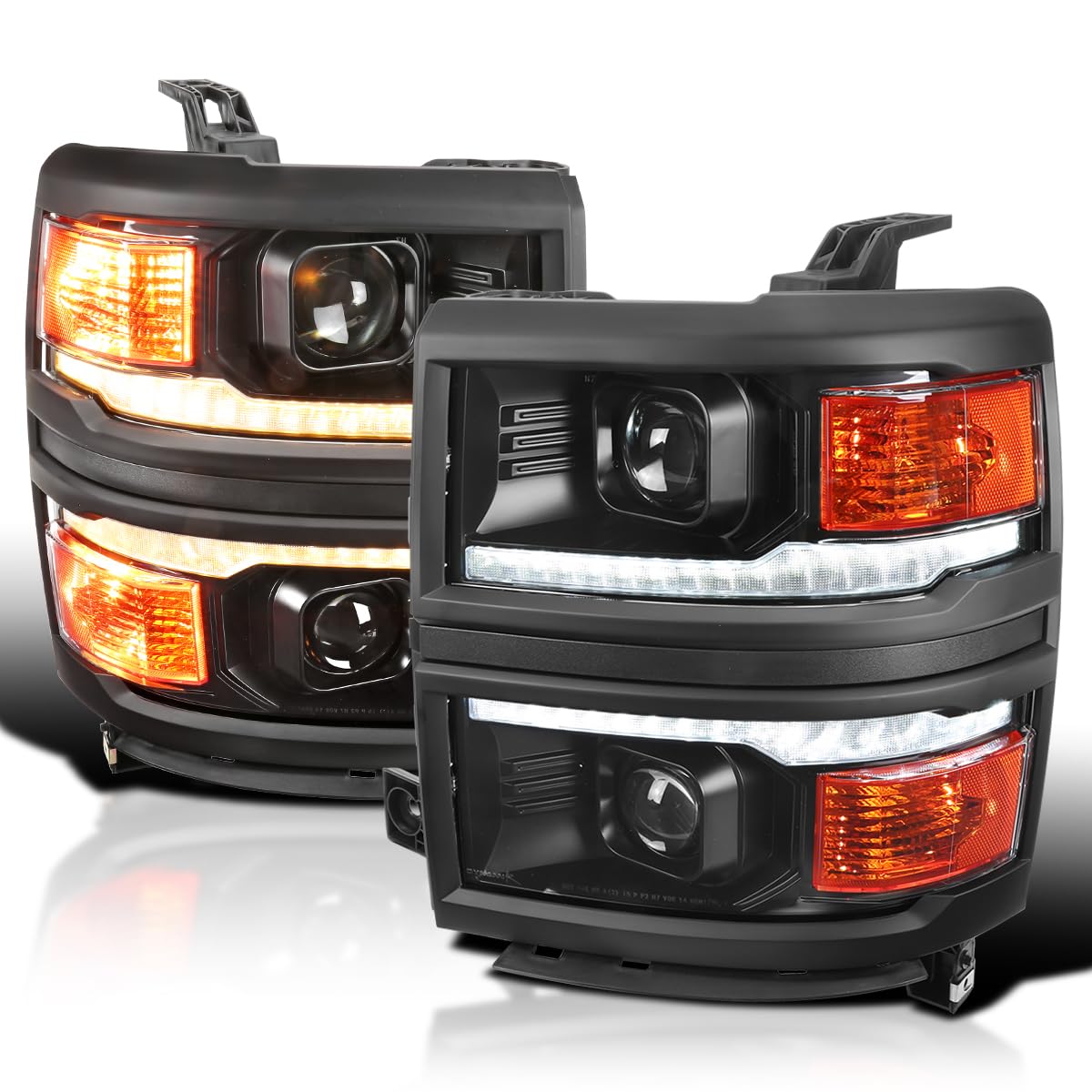 Black w/Black Trim SPEC-D TUNING Projector Headlights w/Sequential Switchback LED Strip and Startup Animation Compatible with 2014-2015 Chevy Silverado 1500, Left + Right Pair Headlamps Assembly