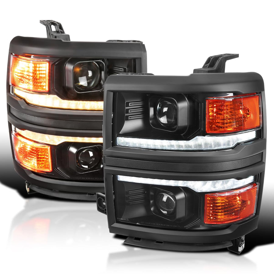 Black w/Black Trim SPEC-D TUNING Projector Headlights w/Sequential Switchback LED Strip and Startup Animation Compatible with 2014-2015 Chevy Silverado 1500, Left + Right Pair Headlamps Assembly