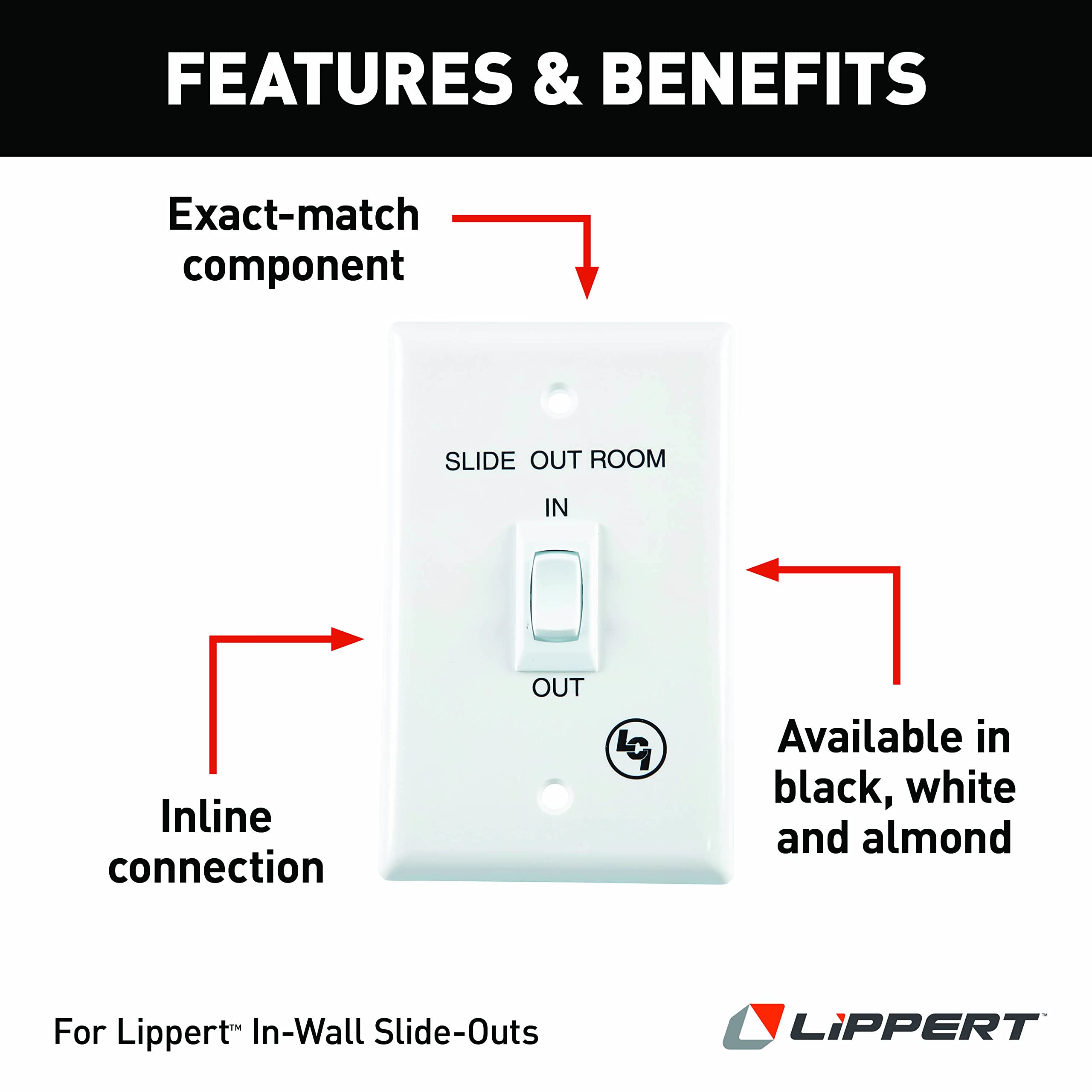 In-Wall Lippert Replacement Interior In/Out Switch Assembly with 3 Connectors on the Back for RV Slide-Out Systems, White - 120639