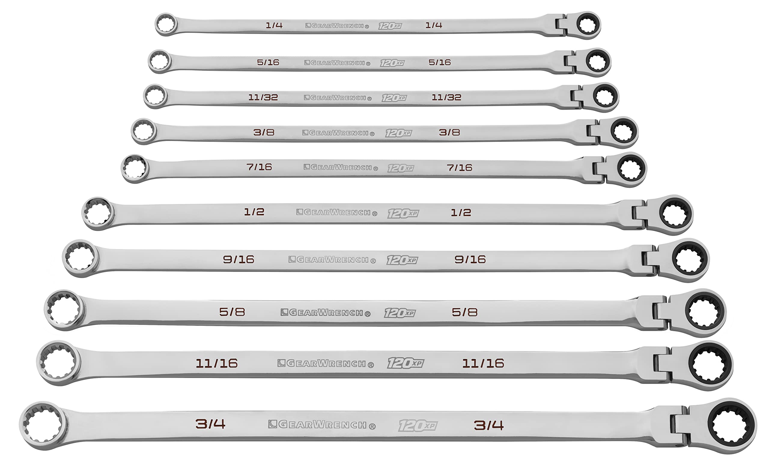 10 Pc. GEARWRENCH 120XP Universal Spline XL Flex Head Gearbox Ratcheting SAE Wrench Set - 86142