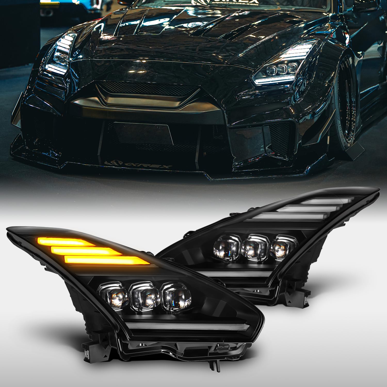 NOVA-Series AlphaRex LED Projector Headlights for 09-25 Nissan GT-R Black