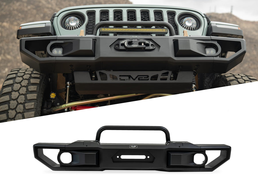 DV8 Offroad Front Bumper OE Plus for 2018-2025 Jeep Wrangler JL & 2020-2025 Gladiator JT | Retains OEM Styling | Recessed Winch Mount | (2) Fog Light or Pod Light Mounts | Removable Wings | Bull Bar