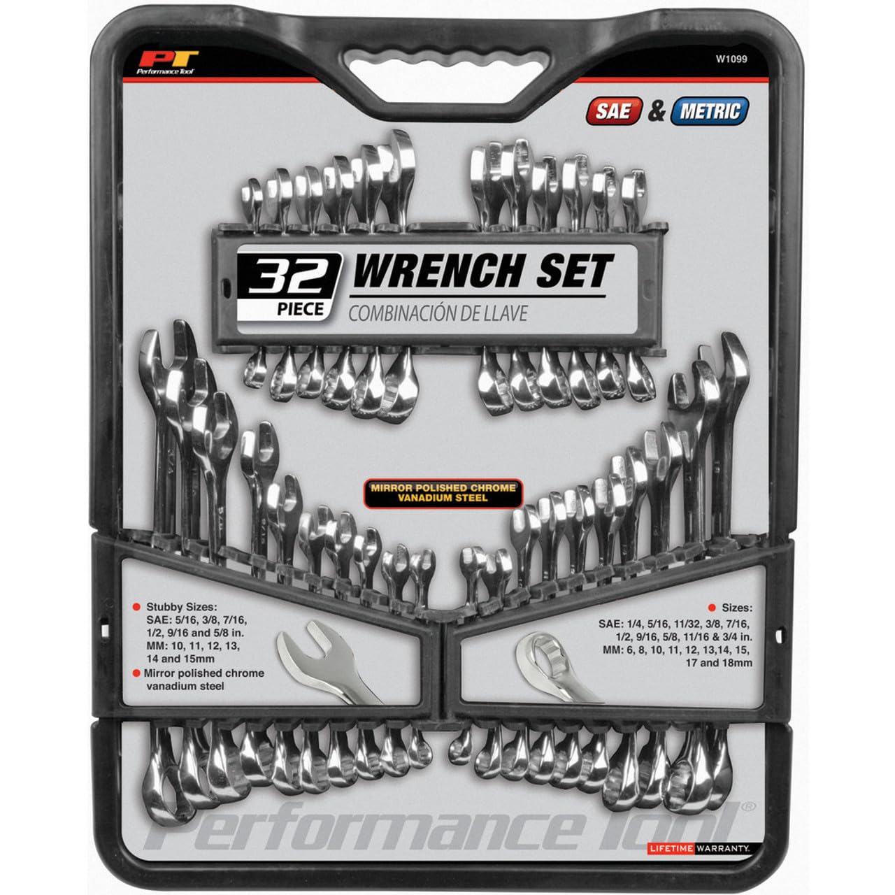 W1099 Performance Tool 32-Piece SAE and Metric Wrench Set with Premium Mirror Polished Chrome Vanadium Steel and Organizer Tray