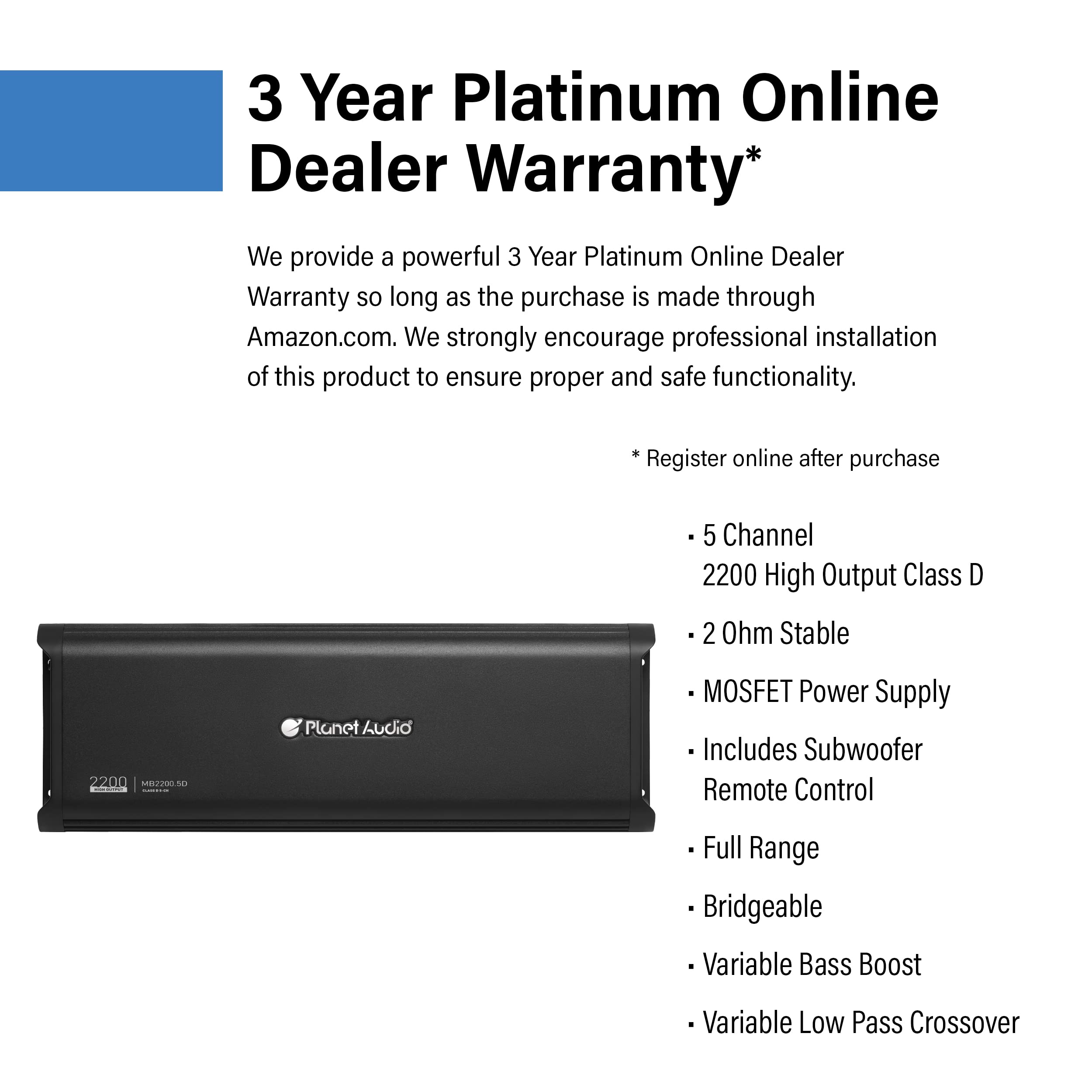 5 Channel Planet Audio MB2200.5D Car Amplifier - 2200 High Output, 2-8 Ohm Stable, Low/High Level Inputs, Low/High Pass Crossover, Bass for Subwoofer
