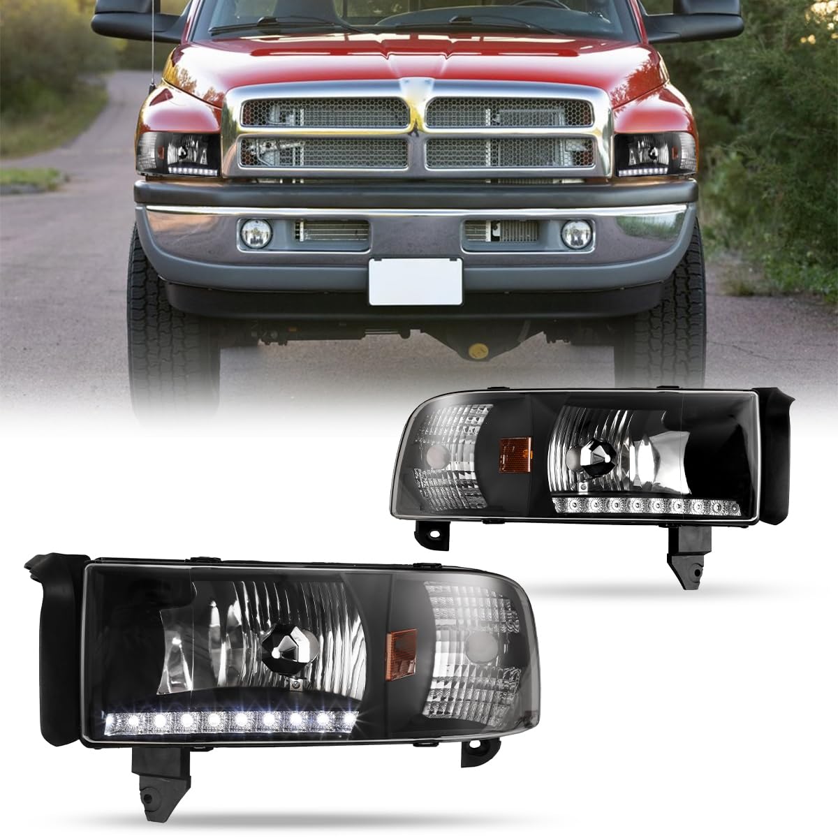 Headlight Assembly Replacement Winjet Street Series for [1994 1995 1996 1997 1998 1999 2000 2001 2002 Dodge RAM 1500/2500/3500/4000] LED DRL Headlights 1PAIR Driver & Passenger Side