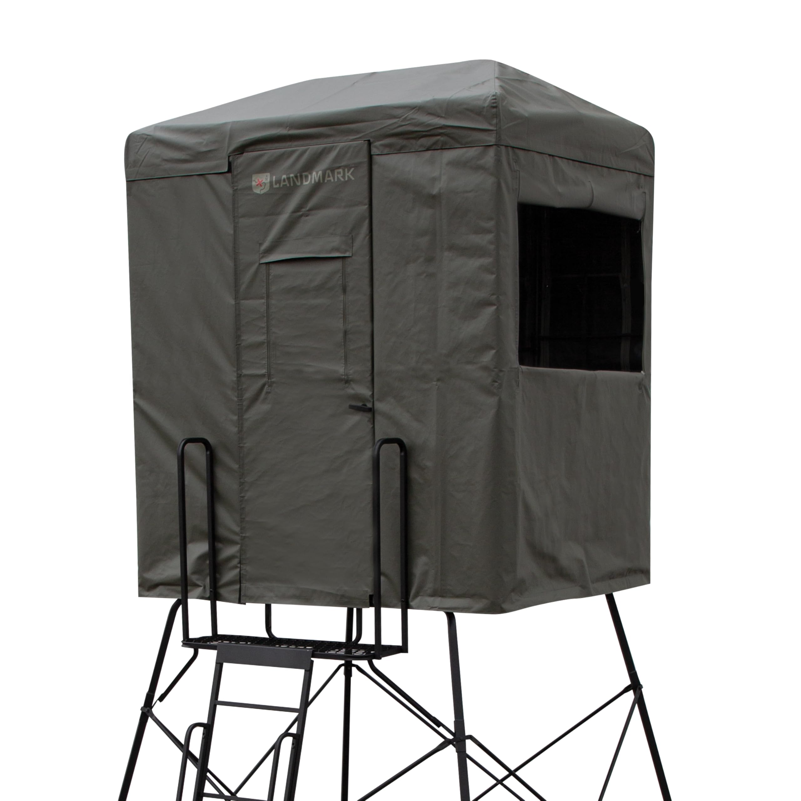 Landmark™ 550 Rivers Edge® Blind, 7' Height, 6' x 4.5' Interior Space, Adjustable Shooting Windows, Hinged Door, Constructed from Marine-Grade Reinforced Synthetic Tarpaulin, Steel Frame, LM550B