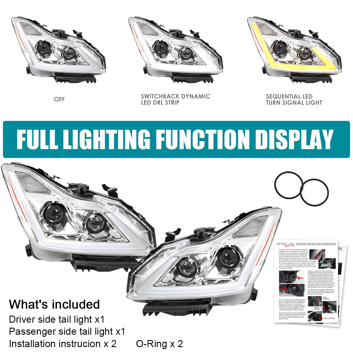 Chrome Projector Headlights SPEC-D TUNING w/LED Sequential Turn Signal and Startup Animation Compatible with 2008-2015 Infiniti G37, Q60 2DR Coupe, Left + Right Pair Headlamp Assembly