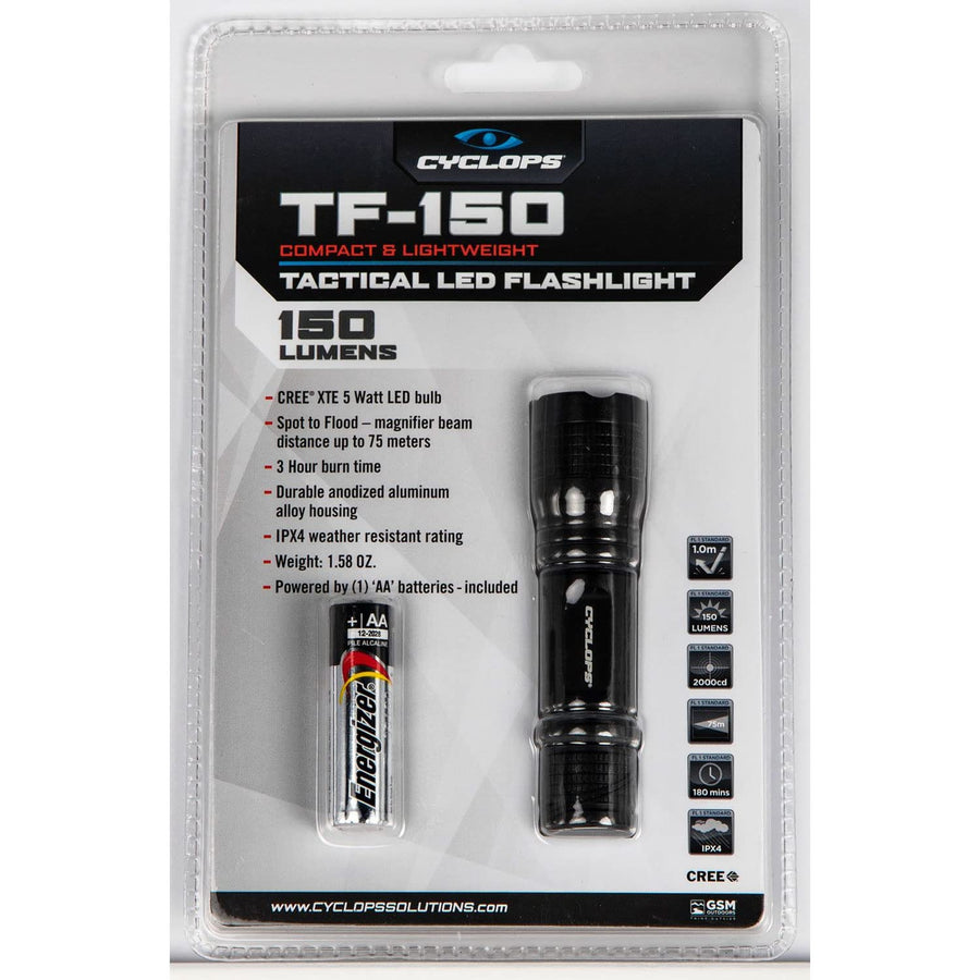 TF-150 Cyclops Tactical Durable Lightweight Weather Resistant IPX4 Compact Bright 5 Watt LED Flashlight | AA Energizer Battery Included