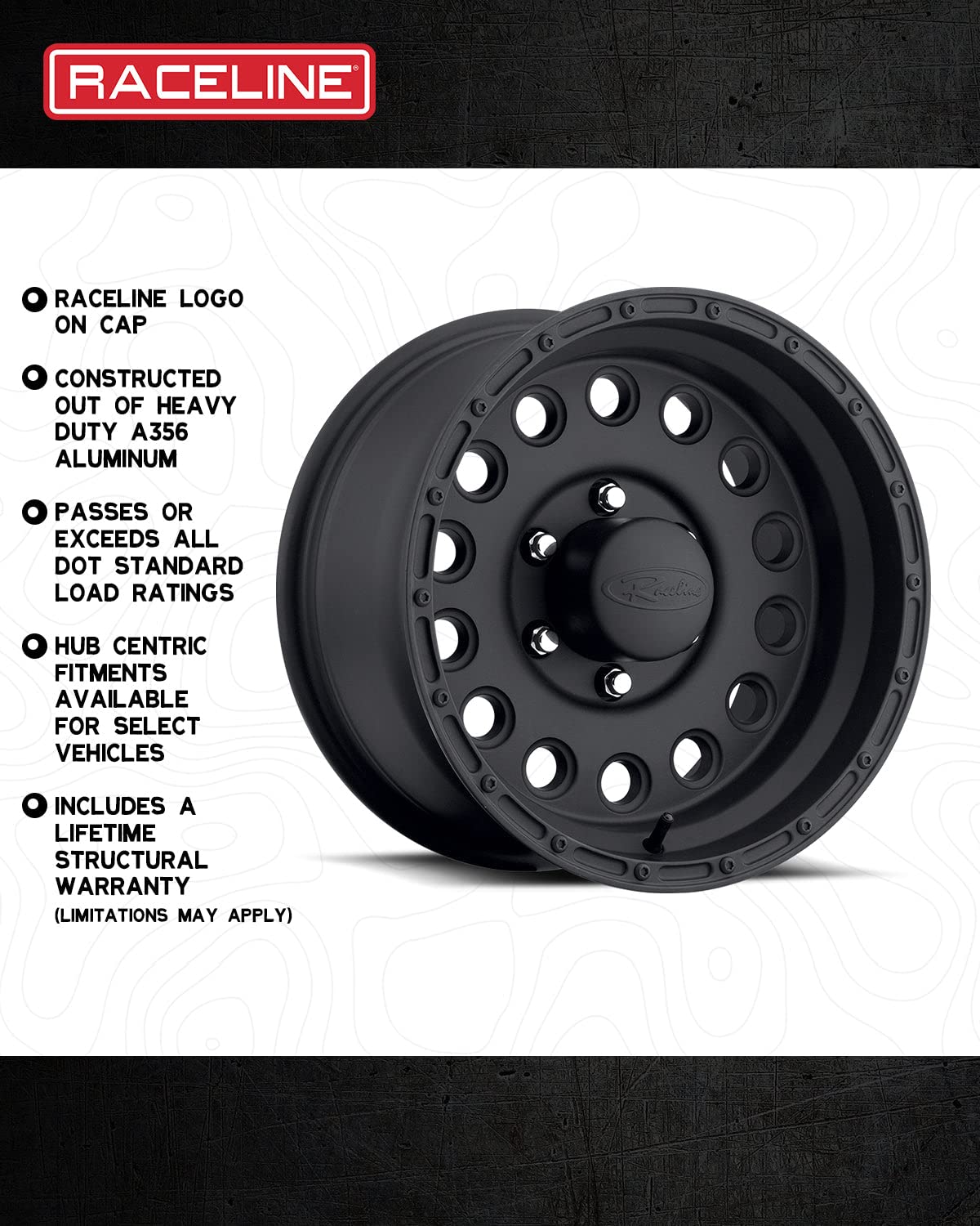 887B Raceline Wheels ROCKCRUSHER Wheel Black 16X10"6X5.5 Bolt Pattern -24mm Offset/(4.56"B/S) Aluminum Passenger Car Wheels, Full Size Replacement Black Car Rims