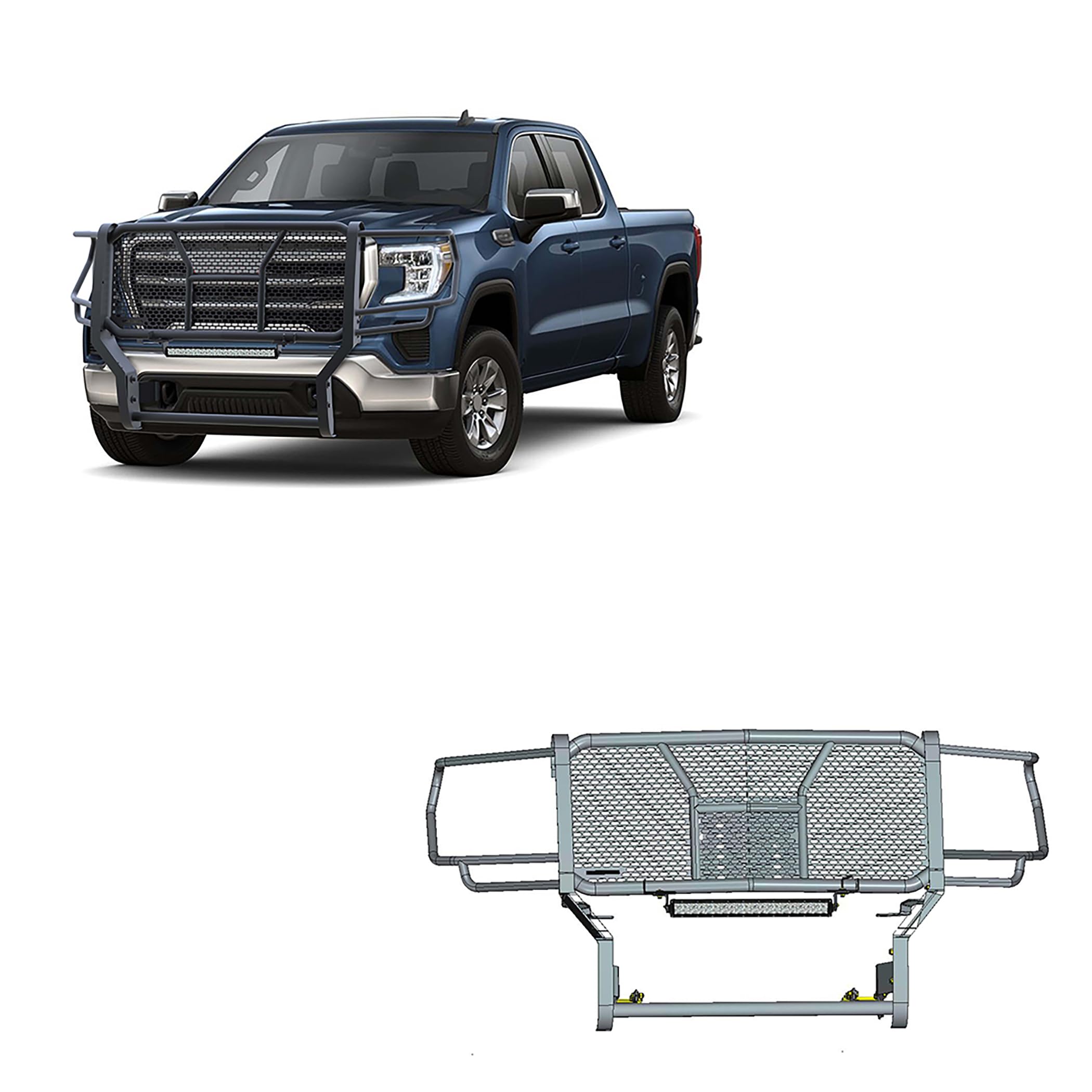 Heavy Duty Black Horse RUGGED Grille Brush Bumper Guard Modular Black Come with 20" Double Row LED Light Compatible with 2020-2023 GMC Sierra 2500 HD|2020-2023 GMC Sierra 3500 HD-RU-GMSI20-B-K1