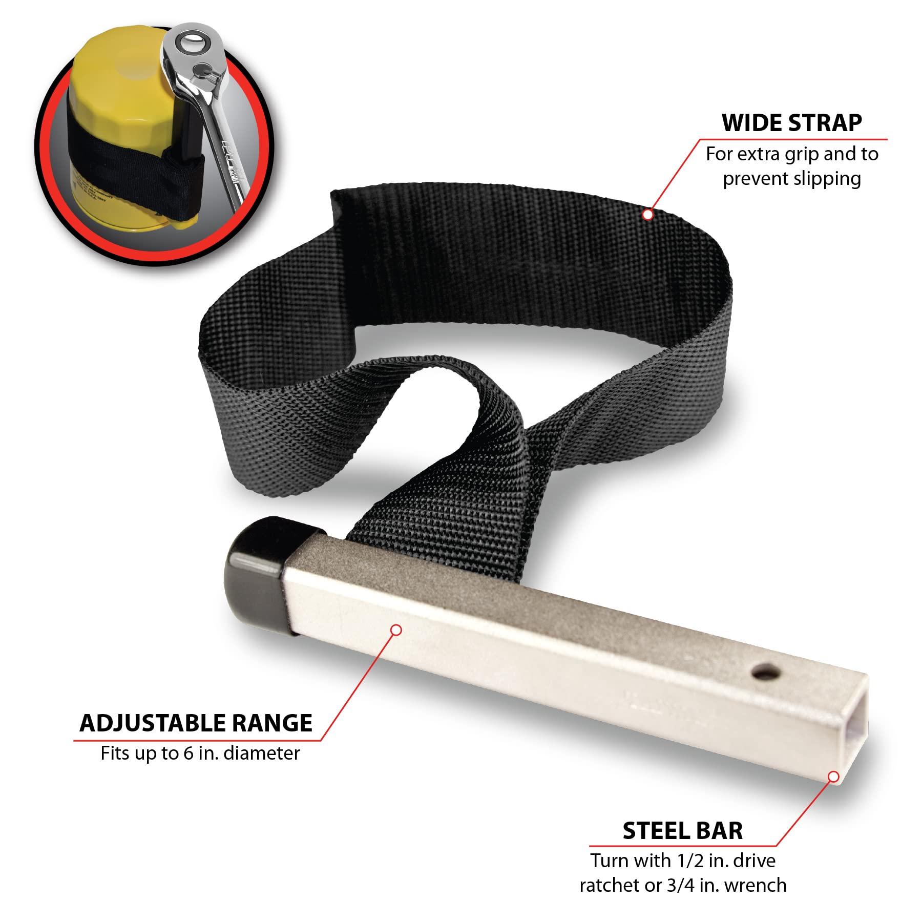 Heavy Duty Performance Tool W173C Multi-Purpose 6-Inch Strap Oil Filter Wrench