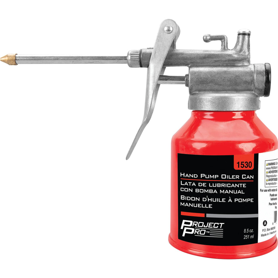 8.5 Oz. Performance Tool Hand Pump Oiler Can - 3 in. Spout, Metal Handle, for Motor Oil and Non-Corrosive Lubricants