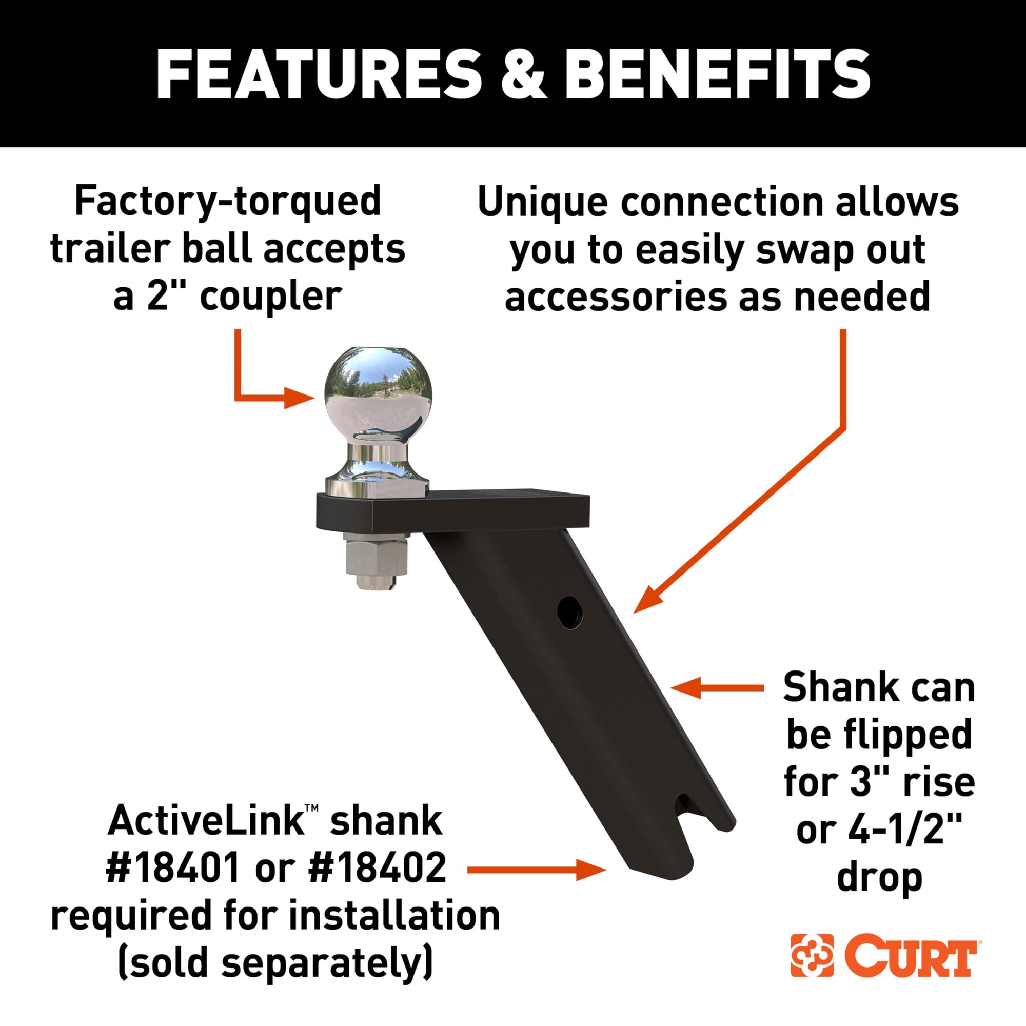 CURT ActiveLink Hitch Ball Mount 18416, Fits 2-Inch Trailer Couplers, 3,500 Pounds GTW