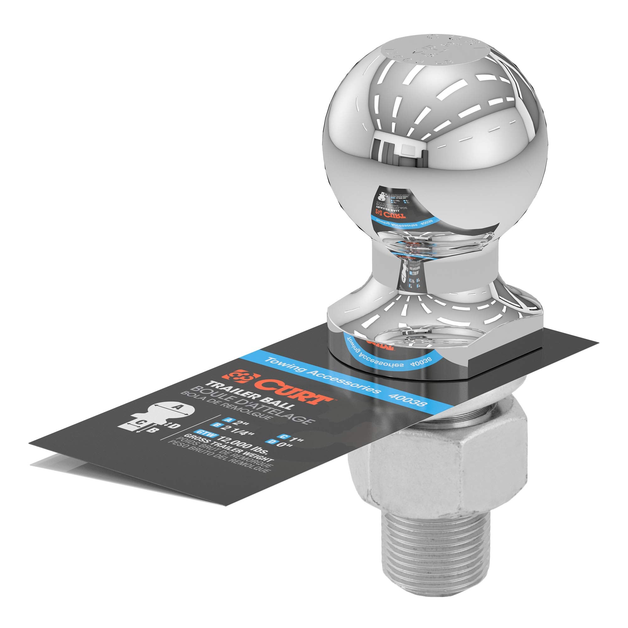 CURT 40038 Trailer Hitch Ball Chrome, 12,000 lbs, 2-Inch Diameter, 1 x 2-1/4-Inch Shank