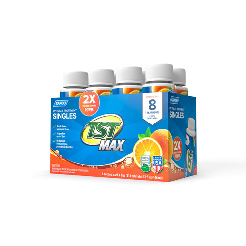 Camco TST MAX Toilet Treatment RV - Formaldehyde Free - Breaks Down Waste And Tissue - Septic Tank Safe - Treats up to 8-40 Gallon Holding Tanks -Orange Scent, (8) 4 oz Bottles (41191)