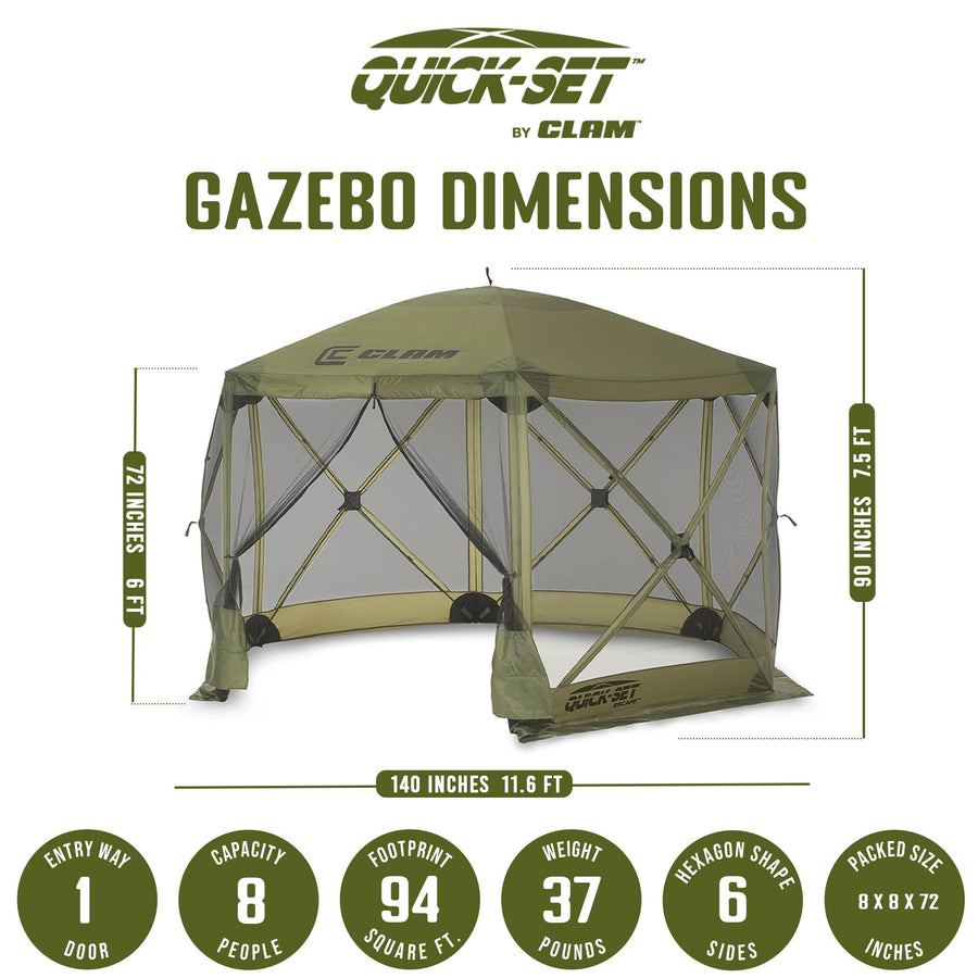 Pop Up CLAM Screen Tent, Outdoor Camping Gazebo Canopy, Escape, 11.5', Green - Heavy-Duty Portable Screened Shelter with Netting for Beach, Patio, and Backyard