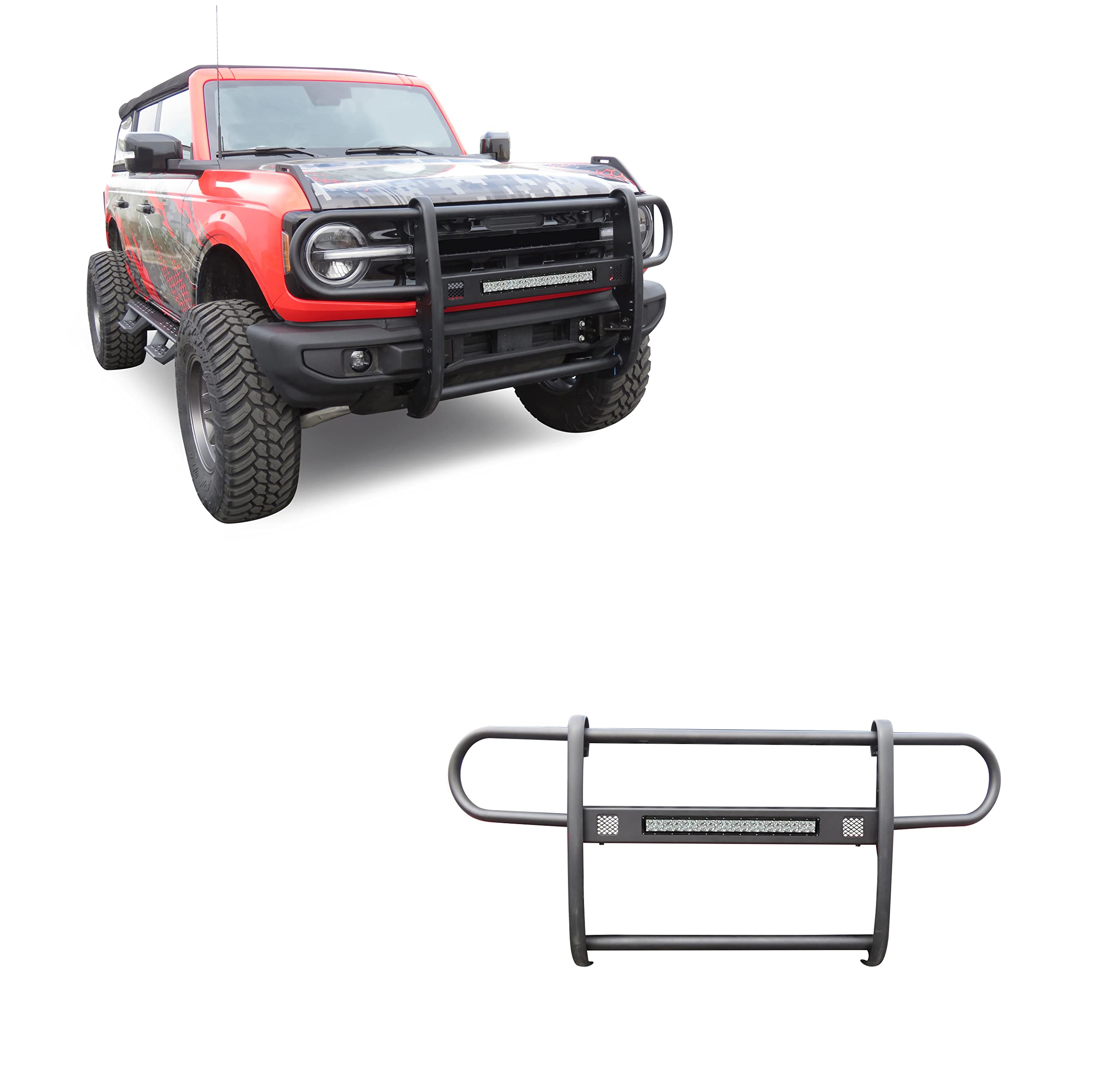 Beacon Black Horse Grille brush Bumper Guard Modular Come with 20in Double Row LED Light Compatible with 2021-2025 Ford Bronco ( Full Size )-BGFB21