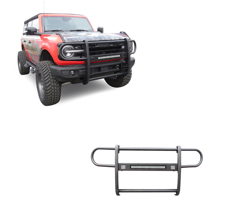 Beacon Black Horse Grille brush Bumper Guard Modular Come with 20in Double Row LED Light Compatible with 2021-2025 Ford Bronco ( Full Size )-BGFB21