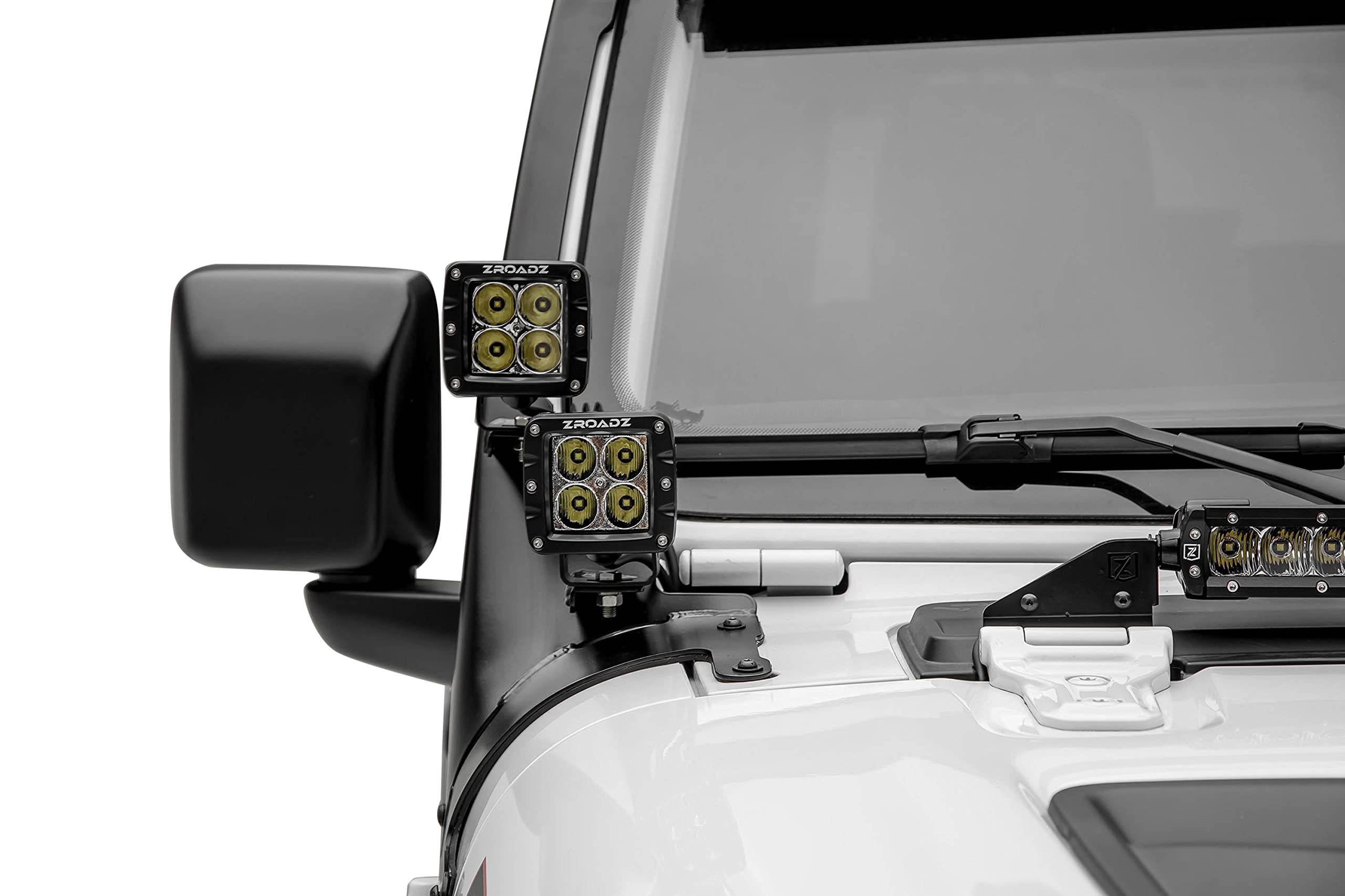 Front Roof Jeep JL, Gladiator LED Bracket to mount (1) 50 or 52 Inch Straight LED Light Bar and (4) 3 Inch LED Pod Lights - PN #Z374831-BK4