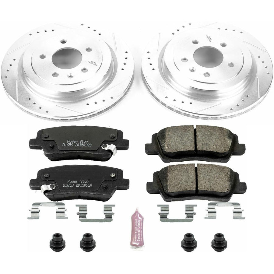 Power Stop K6385 Rear Brake Pads Z23 Carbon Fiber with Drilled & Slotted Brake Rotors Kit For Cadillac ATS 2013-2018 [Model Specific]