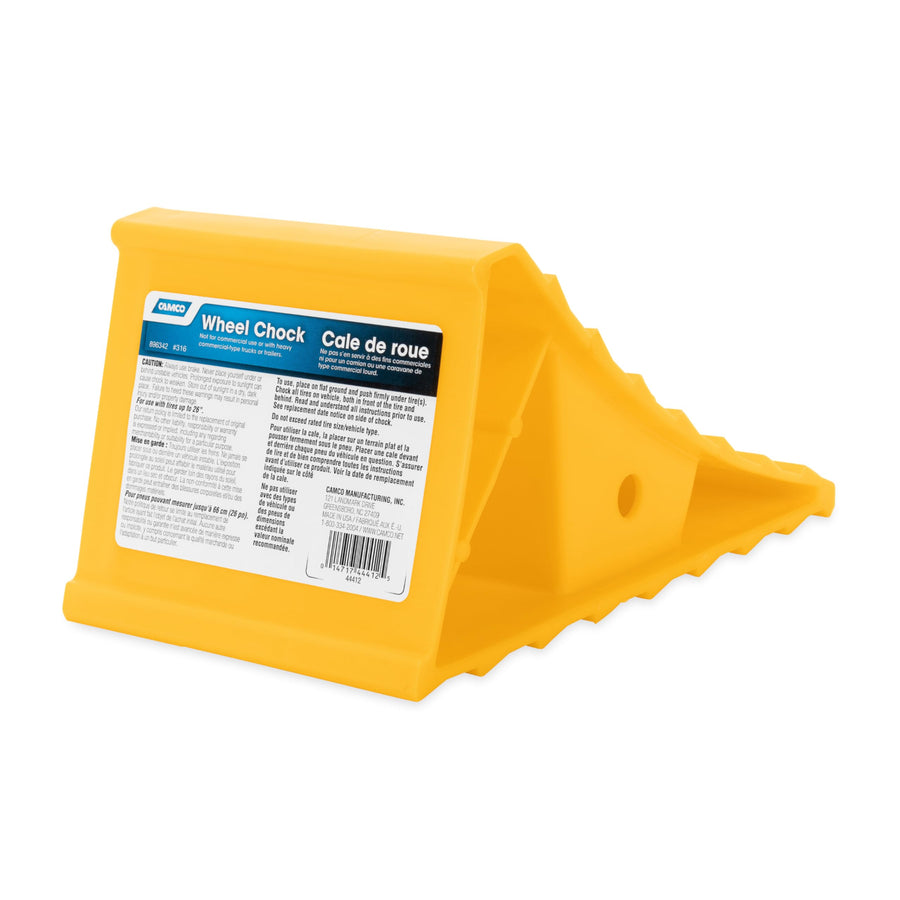 Camco Wheel Chock Standard for Trailers & RVs - Heavy Duty Trailer Wheel Chock Constructed of Durable Plastic w/UV inhibitors - for Use w/Tires Up to 26-inches - Re-Hitch in Confidence - 44412