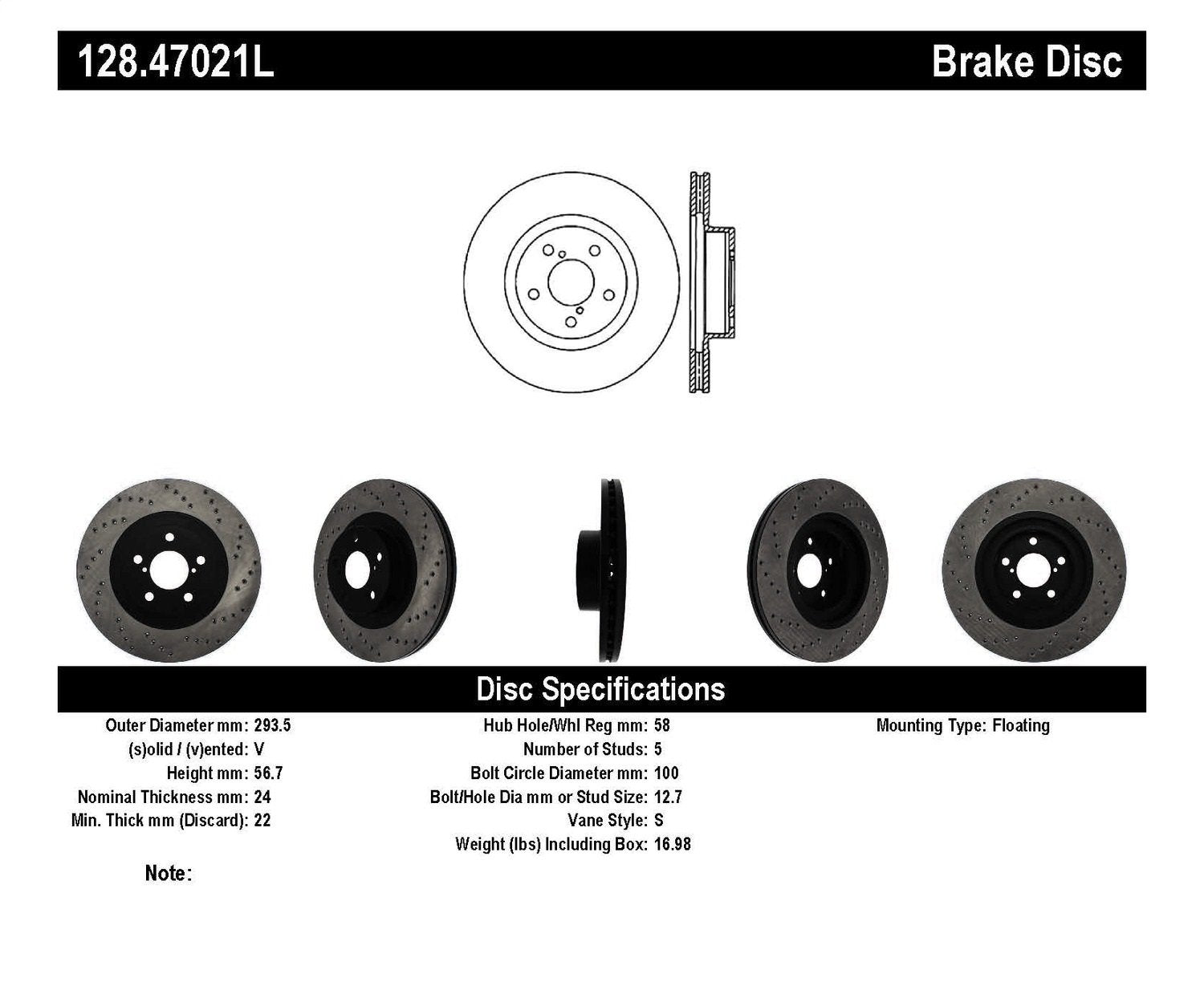Sport StopTech Front Left 128.47021L Cross Drilled Disc Brake Rotor - Fits Select Scion, Subaru, Toyota Vehicles