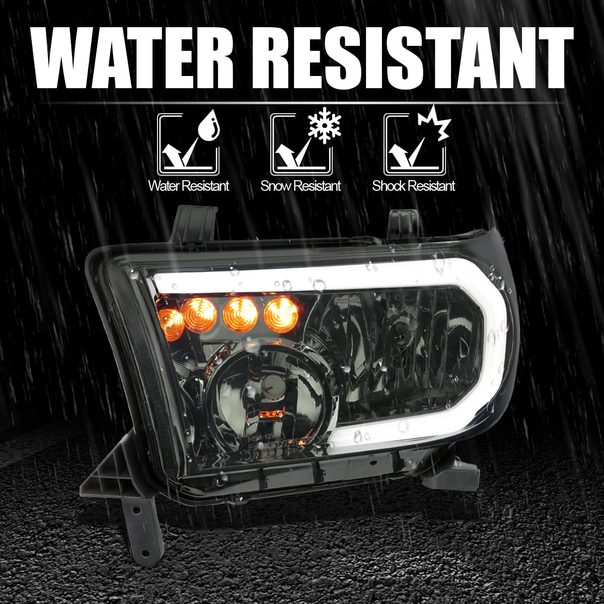 Smoke Headlights w/LED Tube SPEC-D TUNING Compatible with 2007-2013 Toyota Tundra, Left + Right Pair Headlamp Assembly