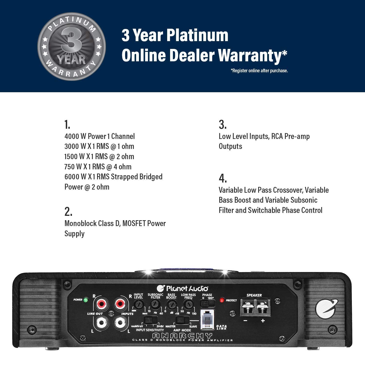 Planet Audio AC4000.1D Monoblock Class D Car Amplifier - 4000 High Output, 1 Ohm Stable, Low Level Inputs, Low Pass Crossover, Bass for Subwoofer