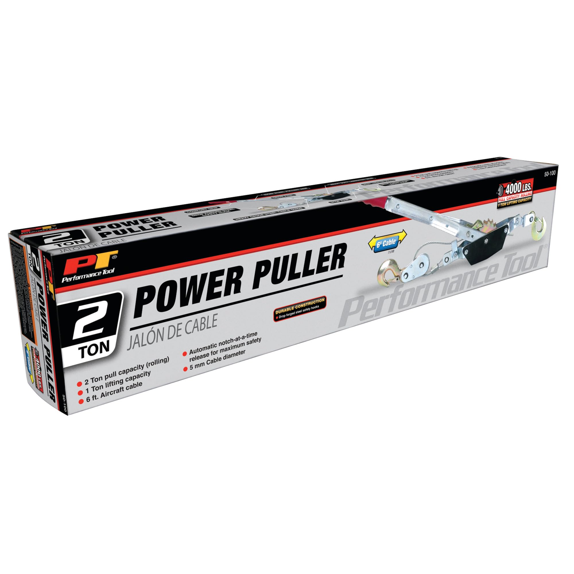 50-100 Performance Tool Dual Gear Power Puller - 2 Ton Capacity Winch With 6' aircraft cable