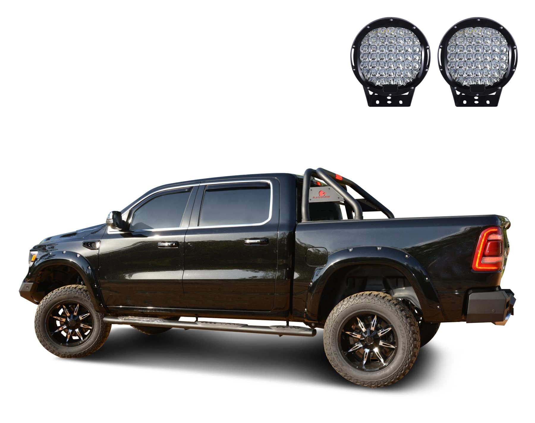 Classic Black Horse Roll Bar Incl.Set of 9 Black Round LED Light Compatible with 19-24 Ram 1500 Excludes Classic models-RB002BK-PL69B